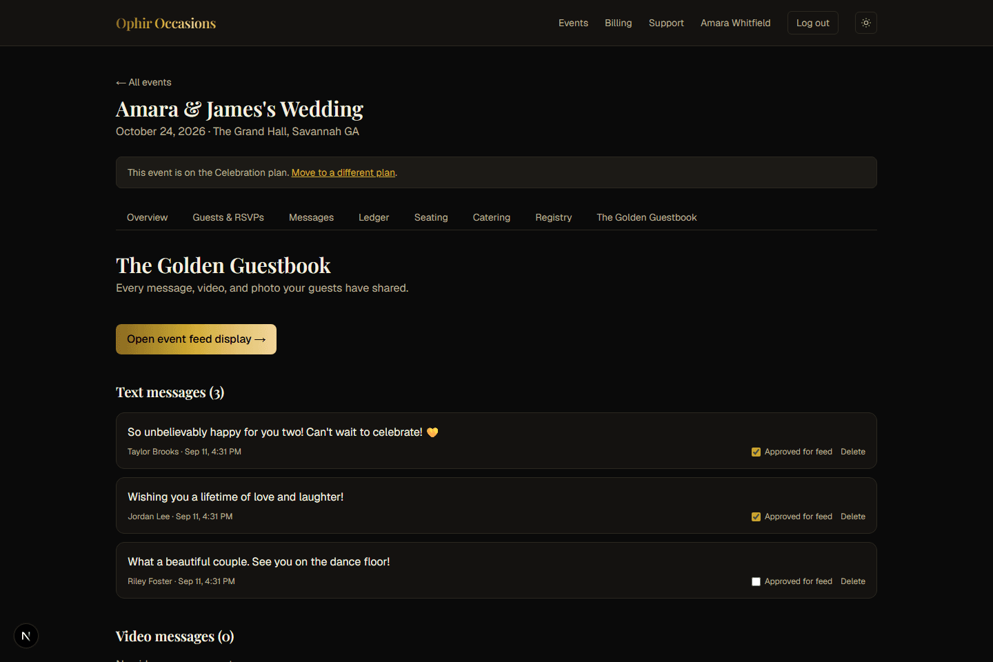 The Golden Guestbook showing guest text messages